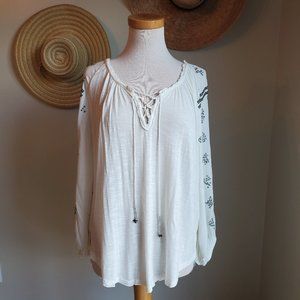 Free People White Beaded Lace Up Peasant T…